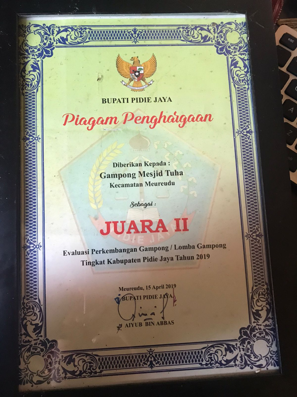 Juara 2 Evaluasi Perkembangan Gampong tingkat Kabupaten Pidie Jaya 2019
